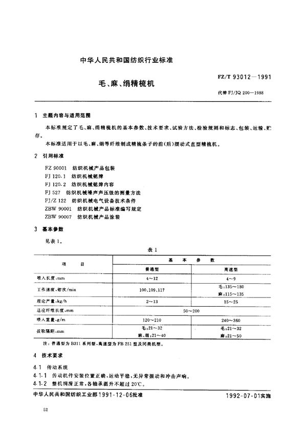 FZ/T 93012-1991 毛、麻、绢精梳机