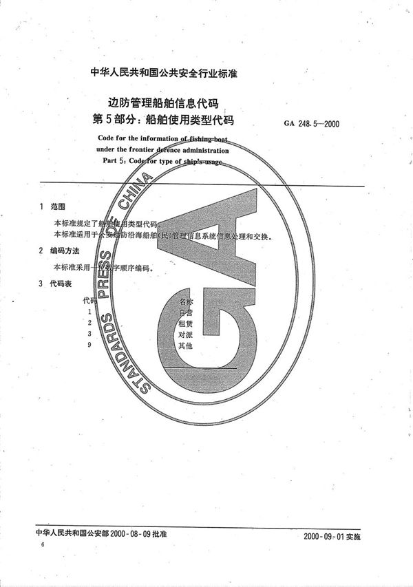 GA 248.5-2000 边防管理船舶信息代码 第5部分：船舶使用类型代码