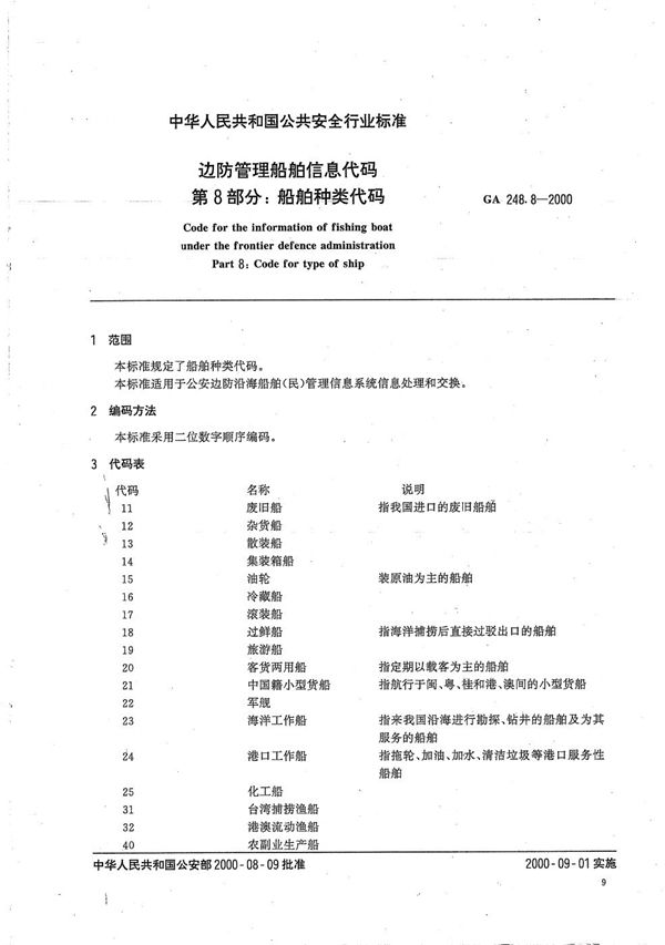 GA 248.8-2000 边防管理船舶信息代码 第8部分：船舶种类代码