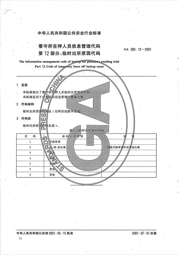 GA 300.12-2001 看守所在押人员信息管理代码  第12部分：临时出所原因代码