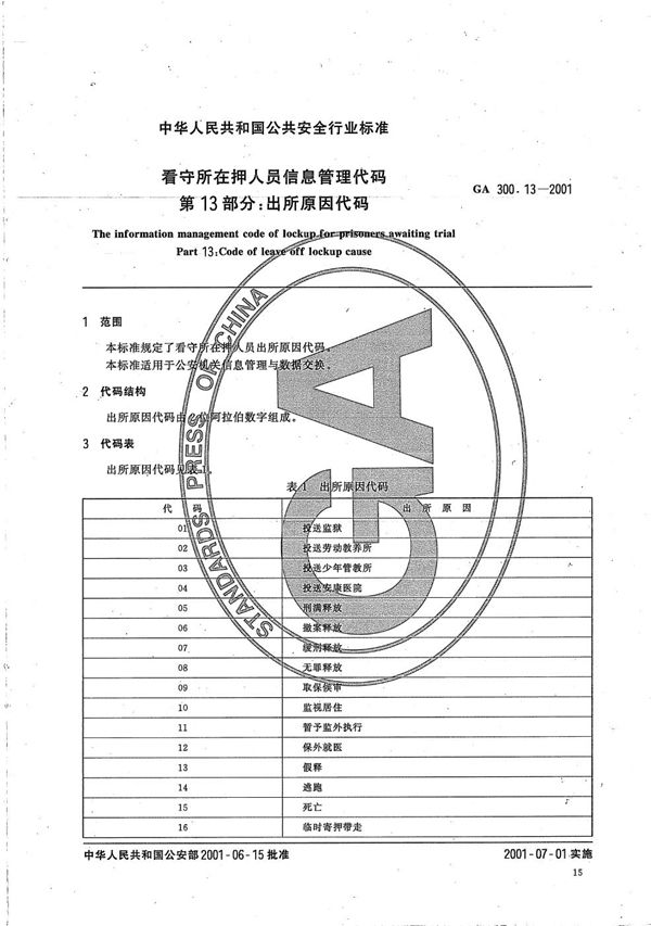 GA 300.13-2001 看守所在押人员信息管理代码  第13部分：出所原因代码