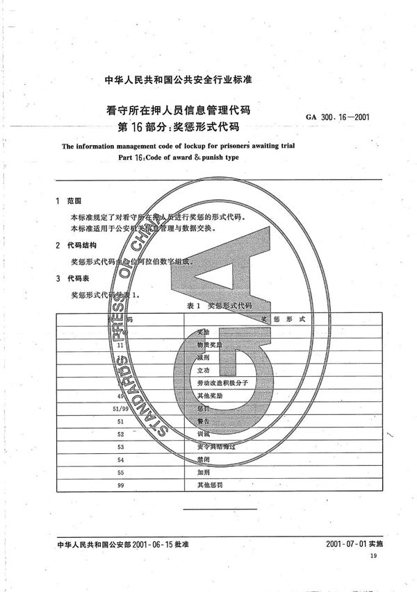 GA 300.16-2001 看守所在押人员信息管理代码  第16部分：奖惩形式代码