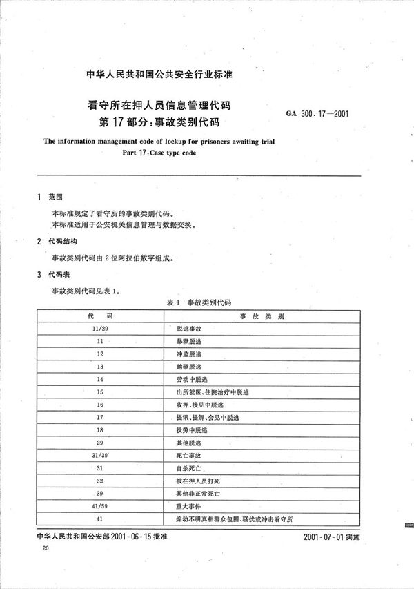 GA 300.17-2001 看守所在押人员信息管理代码  第17部分：事故类别代码