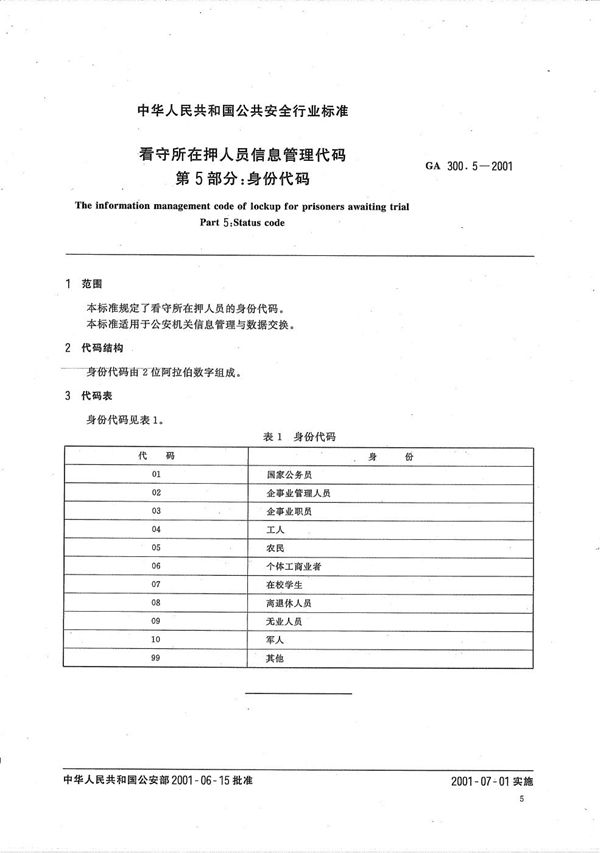 GA 300.5-2001 看守所在押人员信息管理代码 第5部分：身份代码