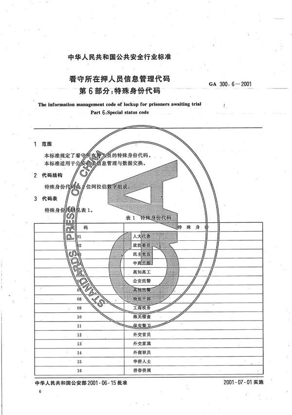 GA 300.6-2001 看守所在押人员信息管理代码 第6部分：特殊身份代码