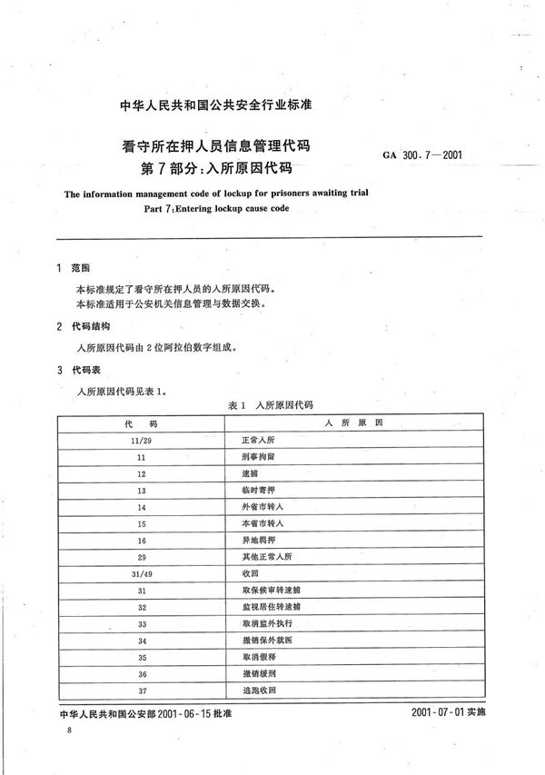 GA 300.7-2001 看守所在押人员信息管理代码 第7部分：入所原因代码