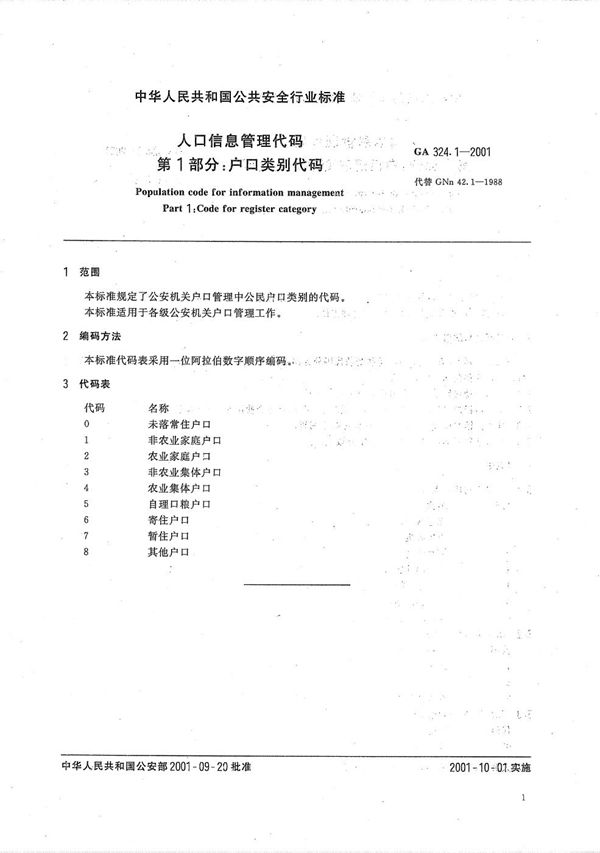 GA 324.1-2001 人口信息管理代码  第1部分：户口类别代码