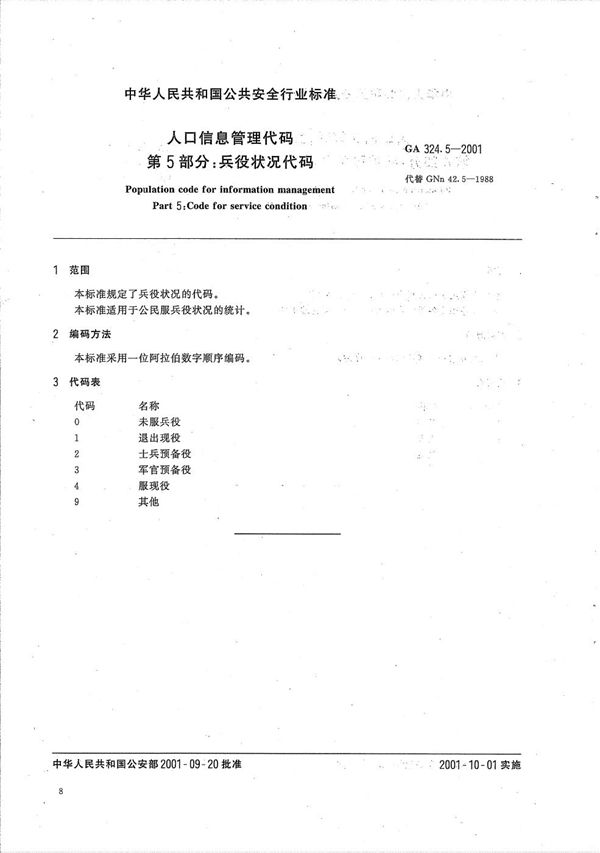 GA 324.5-2001 人口信息管理代码  第5部分：兵役状况代码