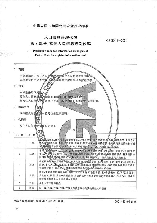 GA 324.7-2001 人口信息管理代码  第7部分：常住人口信息级别代码