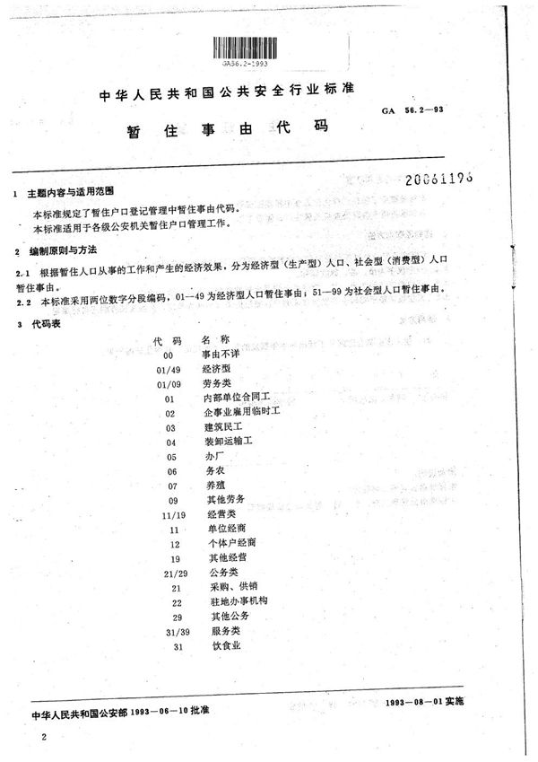 GA 56.2-1993 暂住人口基本信息管理标准  暂住事由代码