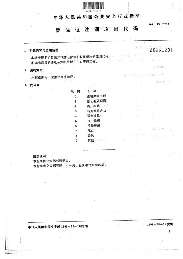 GA 56.7-1993 暂住人口基本信息管理标准 暂住证注销原因代码