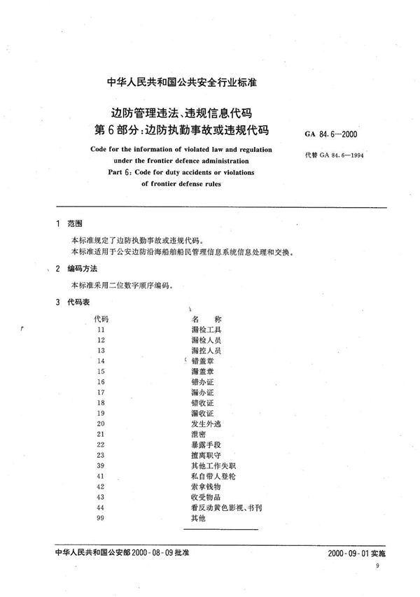 GA 84.6-2000 边防管理违法、违规信息代码 第6部分：边防执勤事故或违规代码