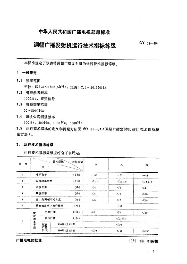 GY 32-1984 调幅广播发射机运行技术指标等级