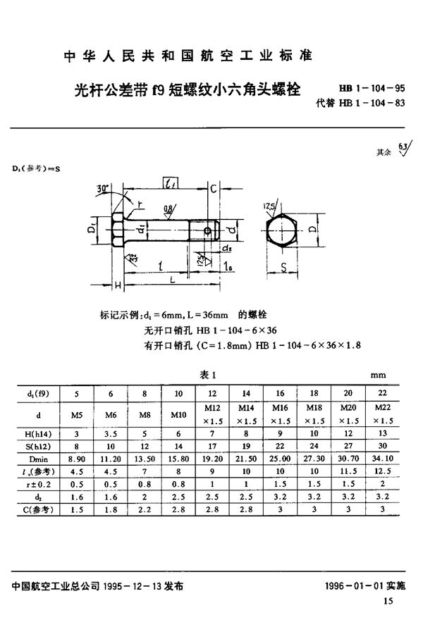 HB 1-104-1995 光杆公差带f9短螺纹小六角头螺栓