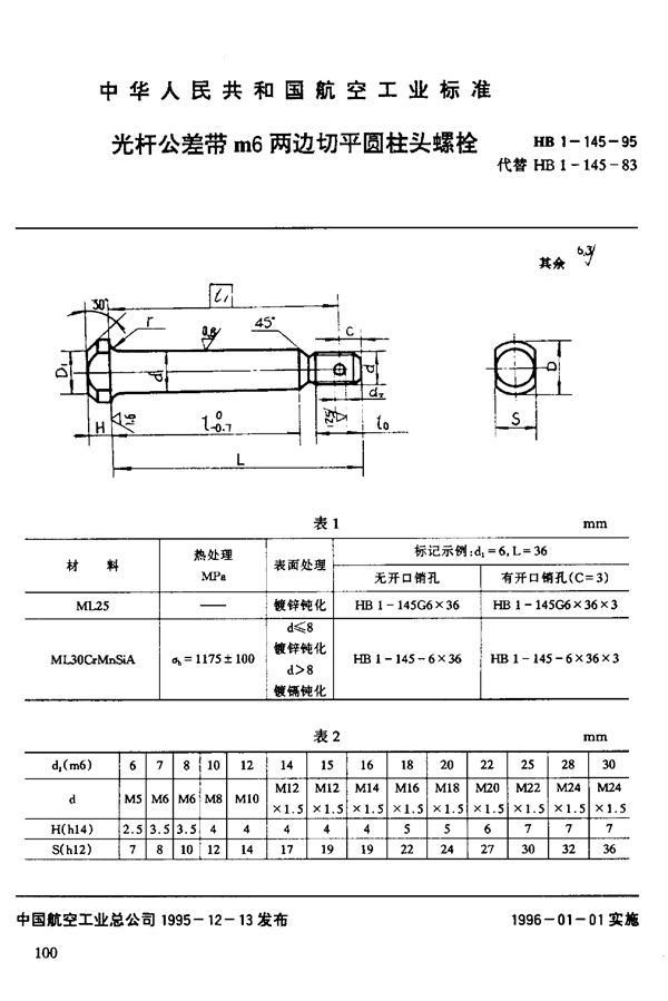 HB 1-145-1995 光杆公差带m6两边切平圆柱头螺栓