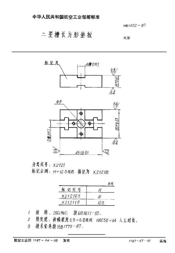 HB 1402-1987 二竖槽长方形垫板