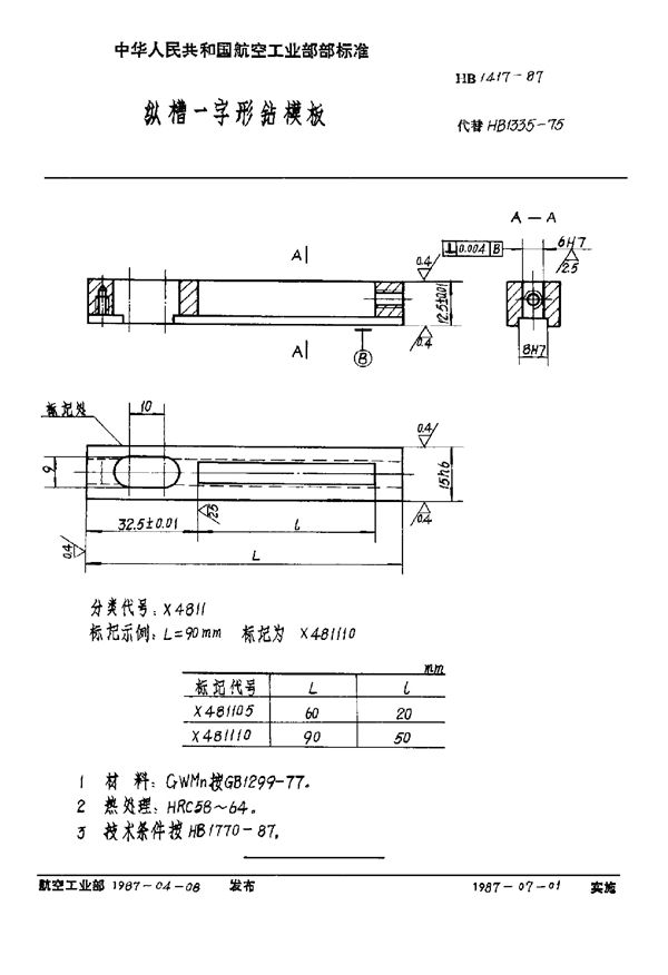 HB 1417-1987 纵槽一字形钻模板