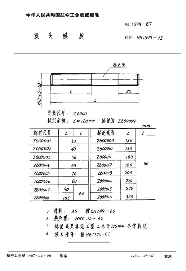 HB 1599-1987 双头螺栓