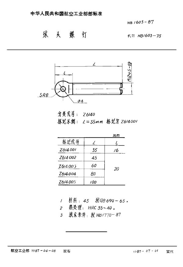 HB 1603-1987 球头螺钉