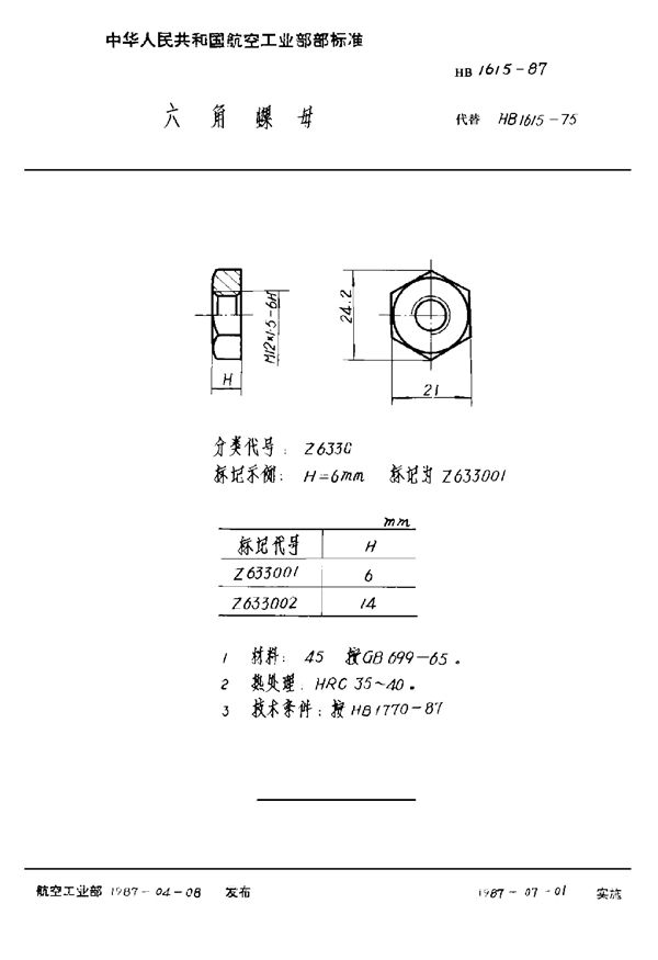 HB 1615-1987 六角螺母