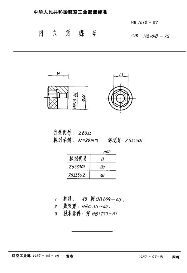 HB 1618-1987 内六角螺母