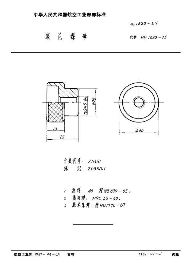 HB 1620-1987 滚花螺母