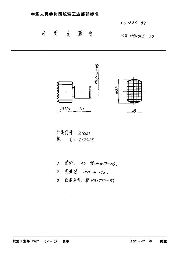 HB 1625-1987 齿面支承钉