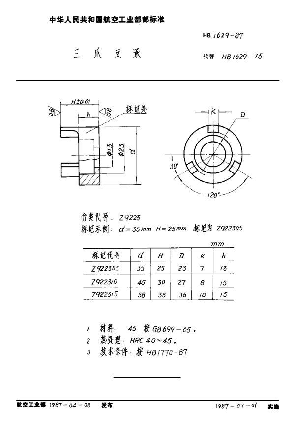 HB 1629-1987 三爪支承