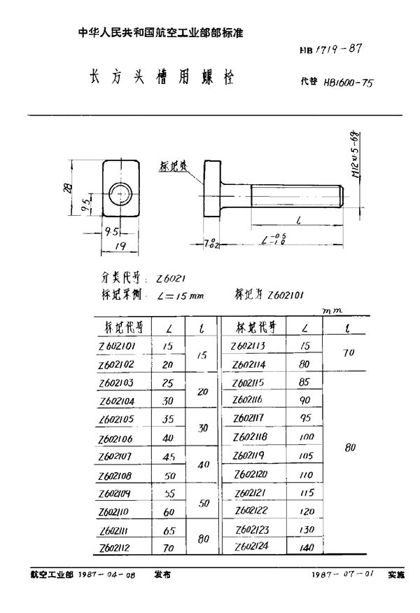 HB 1719-1987 长方头槽用螺栓