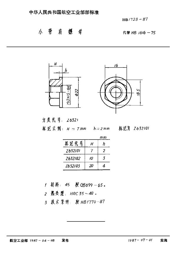 HB 1723-1987 小带肩螺母