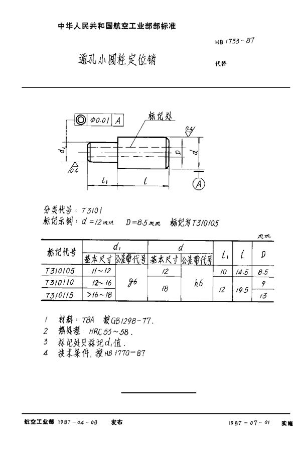 HB 1733-1987 通孔小圆柱定位销