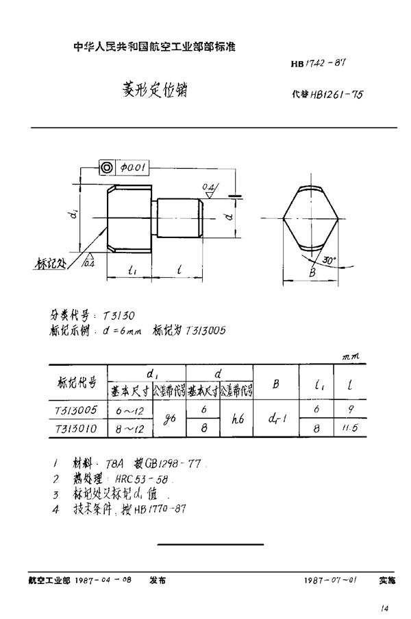 HB 1742-1987 菱形定位销