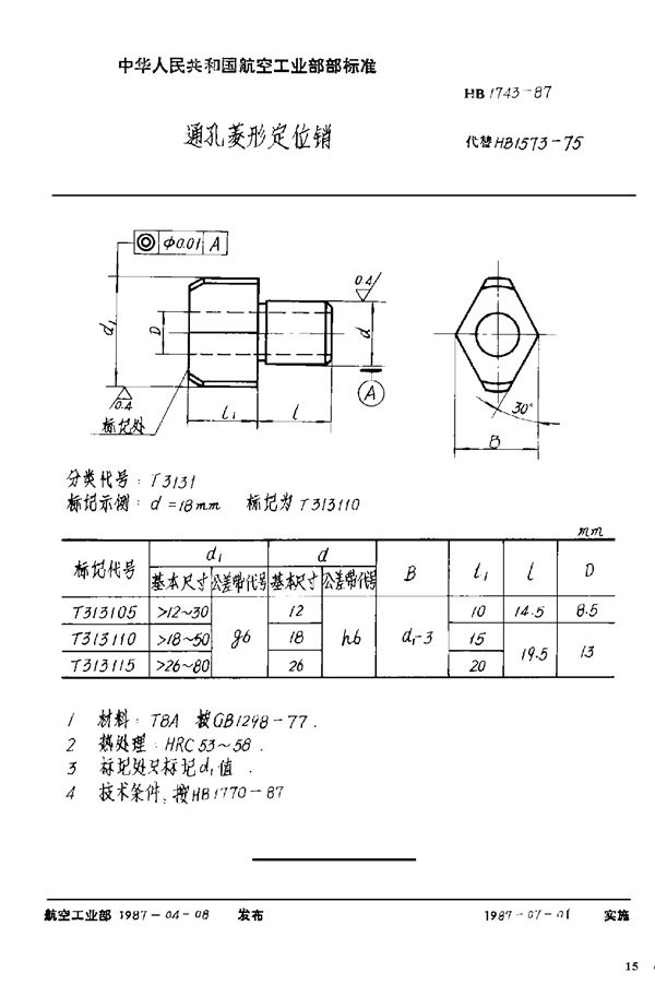 HB 1743-1987 通孔菱形定位销