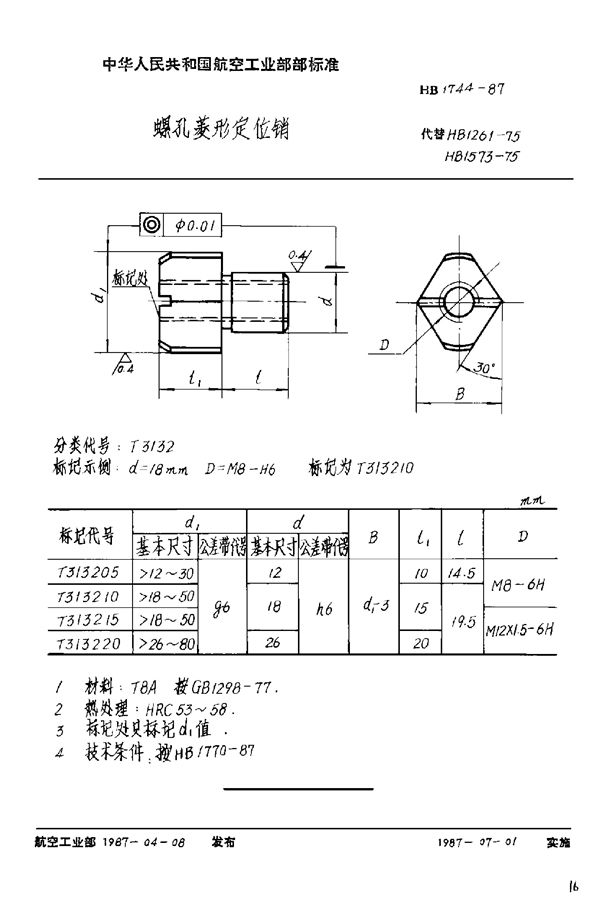 HB 1744-1987 螺孔菱形定位销