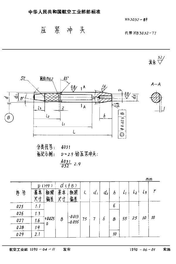 HB 3032-1989 压紧冲头