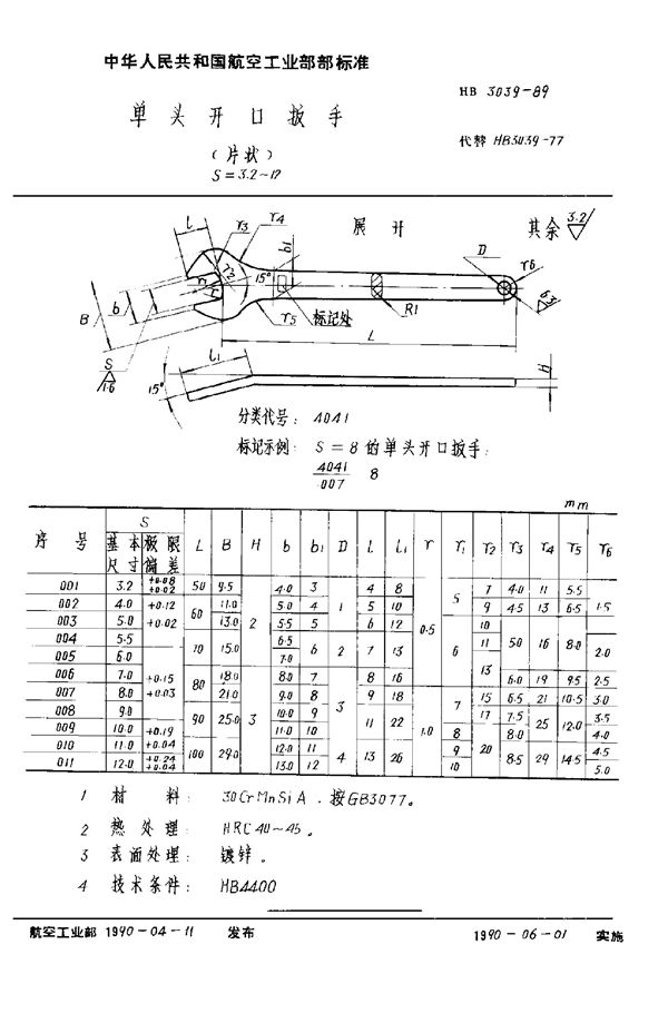 HB 3039-1989 单头开口扳手(片状) S＝3.2～12