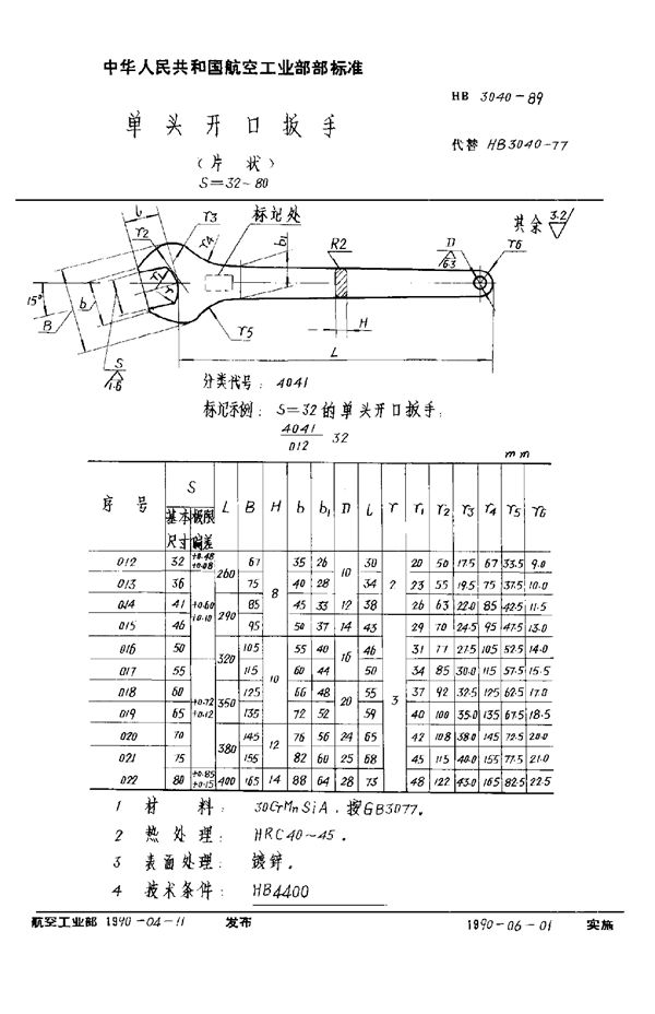 HB 3040-1989 单头开口扳手