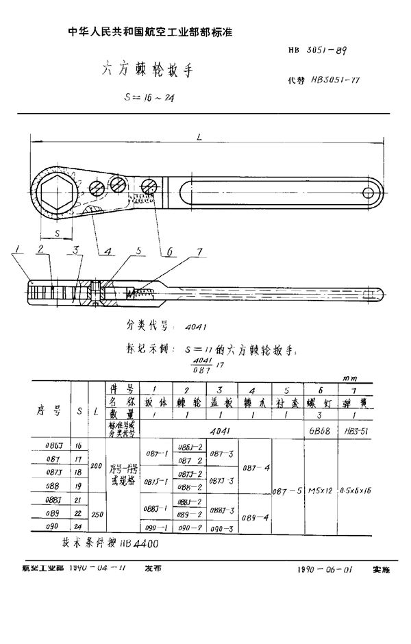 HB 3051-1989 六方棘轮扳手 S=16～24