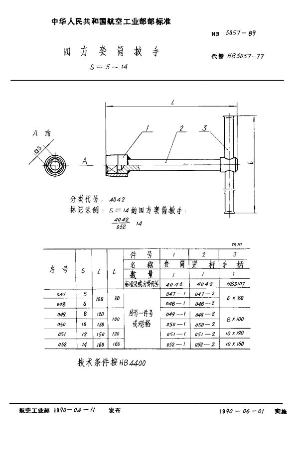 HB 3057-1989 四方套筒扳手 S=5～14