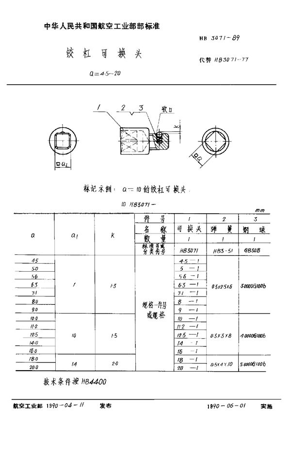 HB 3071-1989 铰杠可换头 a=4.5～20