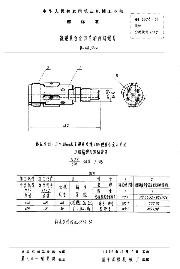 HB 3328-1980 镶硬质合金刀片的浮动镗刀 D＝48～50mm