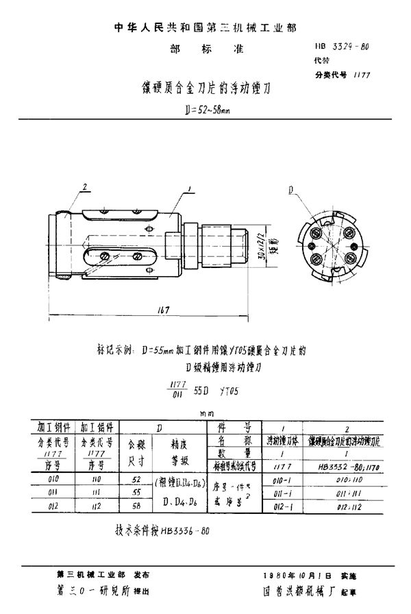 HB 3329-1980 镶硬质合金刀片的浮动镗刀 D＝52～58mm