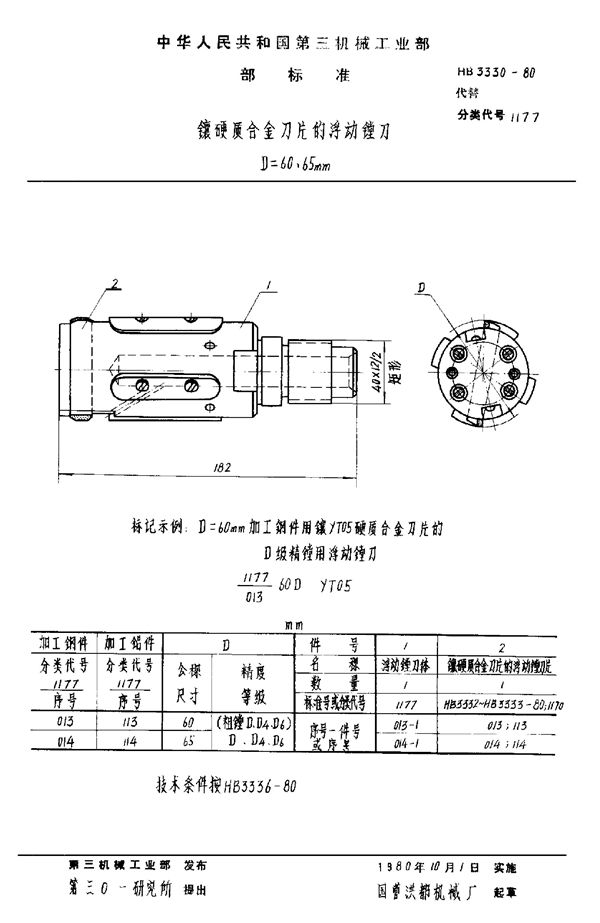 HB 3330-1980 镶硬质合金刀片的浮动镗刀 D＝60～65mm