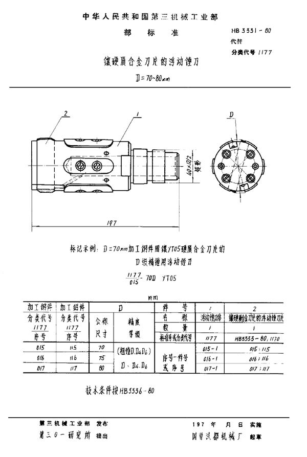 HB 3331-1980 镶硬质合金刀片的浮动镗刀 D＝70～80mm