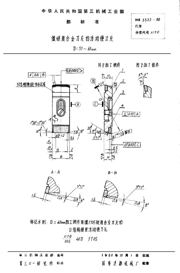 HB 3332-1980 镶硬质合金刀片的浮动镗刀片 D＝30～60mm