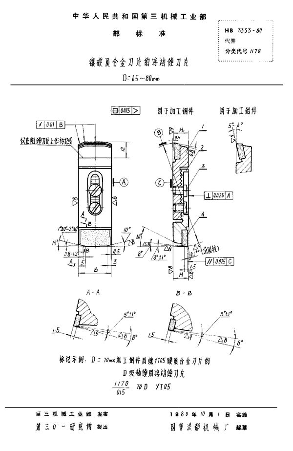 HB 3333-1980 镶硬质合金刀片的浮动镗刀片 D＝65～80mm