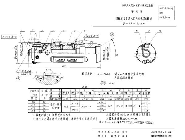 HB 3397-1982 镶硬质合金刀片的内排屑深孔镗刀 D＝75～82mm