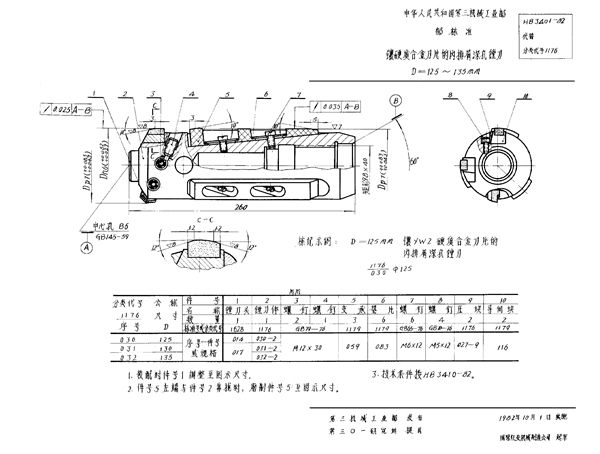 HB 3401-1982 镶硬质合金刀片的内排屑深孔镗刀 D＝125～135mm