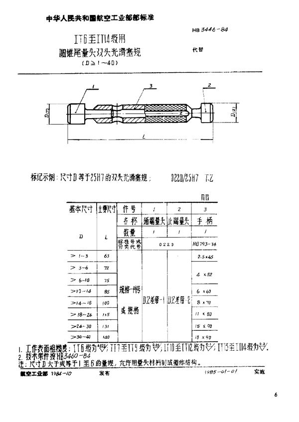 HB 3446-1984 ⅠT6至ⅠT14级用圆锥尾量头双头光滑塞规(D≥1～40)