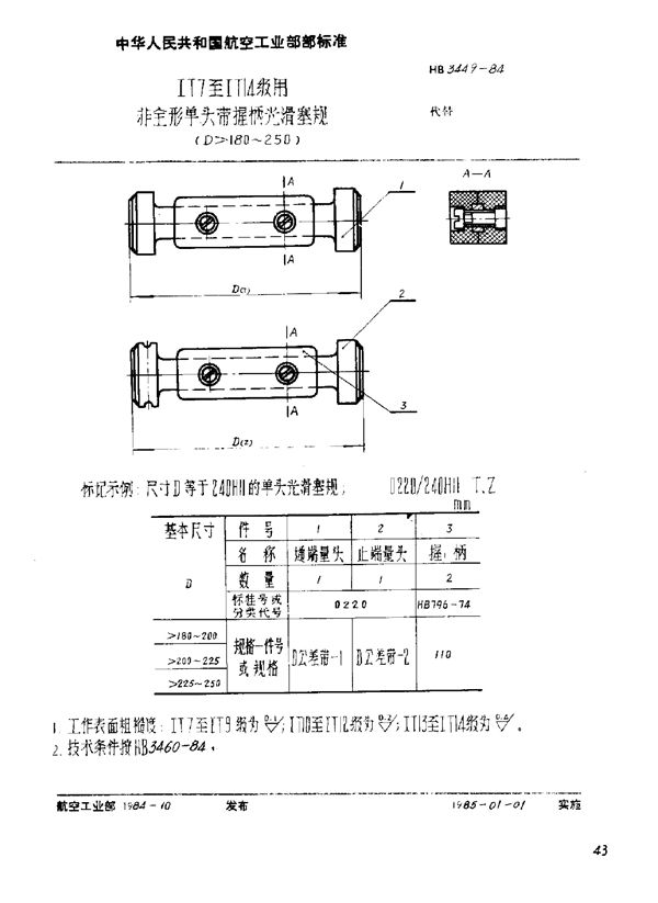 HB 3449-1984 ⅠT7至ⅠT14级用非全形单头带握柄光滑塞规(D≥180～250)